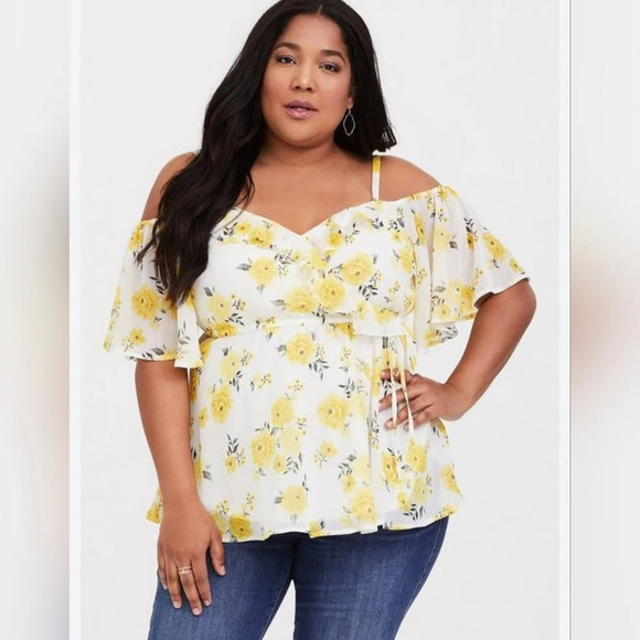 Torrid Chiffon cold shoulder blouse yellow floral lightweight ruffle peasant siz - Picture 1 of 12